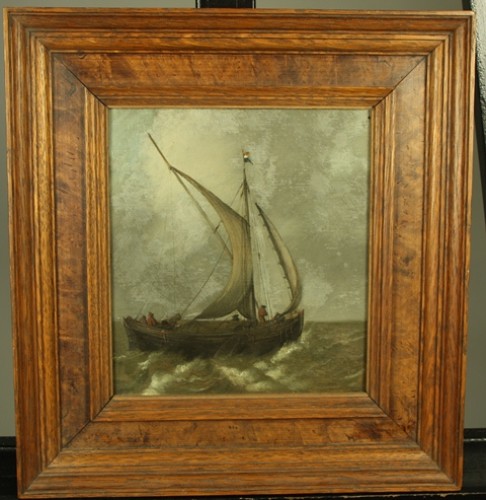 Schilderij, zeestuk, 'Een overnaads veerschip in woelig water'